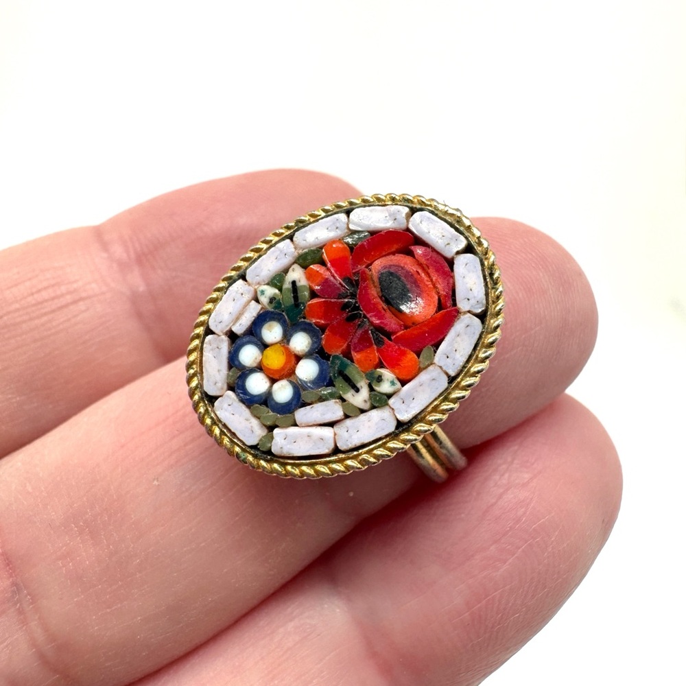 Vintage Italian Micro-Mosaic Floral Oval Ring in Goldtone Adjustable
